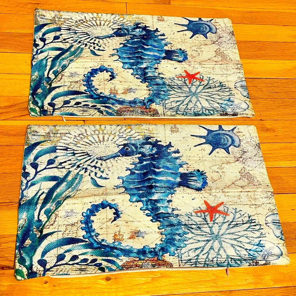 Seahorse Pillow Cases NWT Set of 2. Blue & Beige, 19.5in x 11.75in